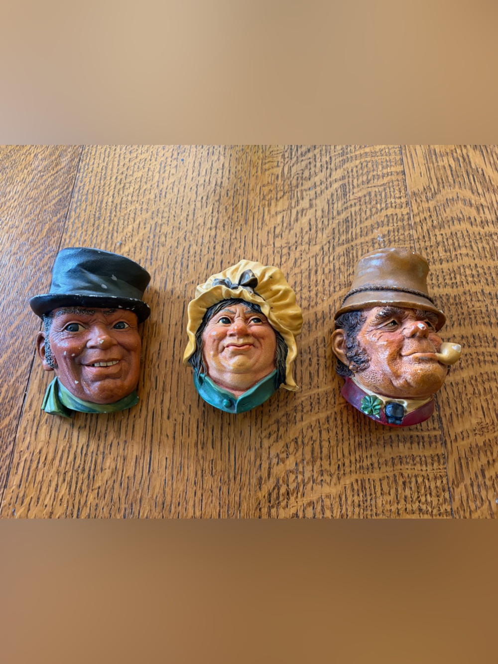 3 vintage 1960’s Bossons Ceramic Wall Busts Trio in Brown, Yellow, and Black